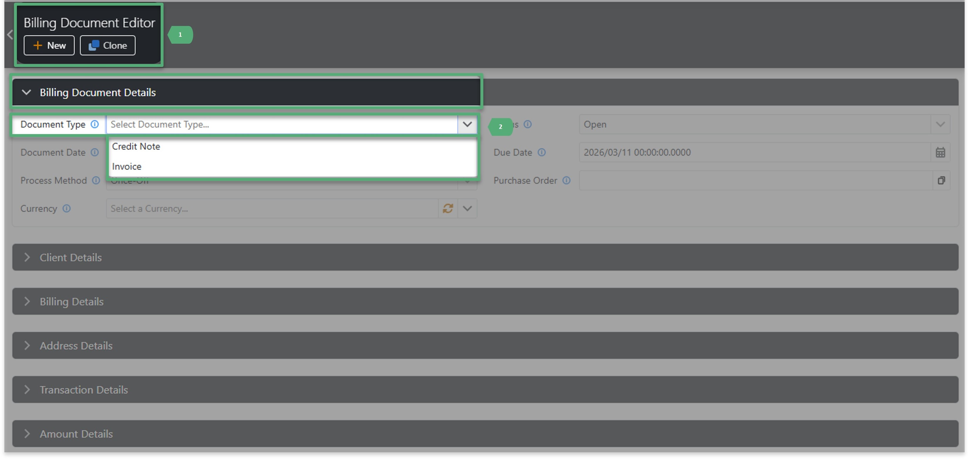 Billing document editor - select document type