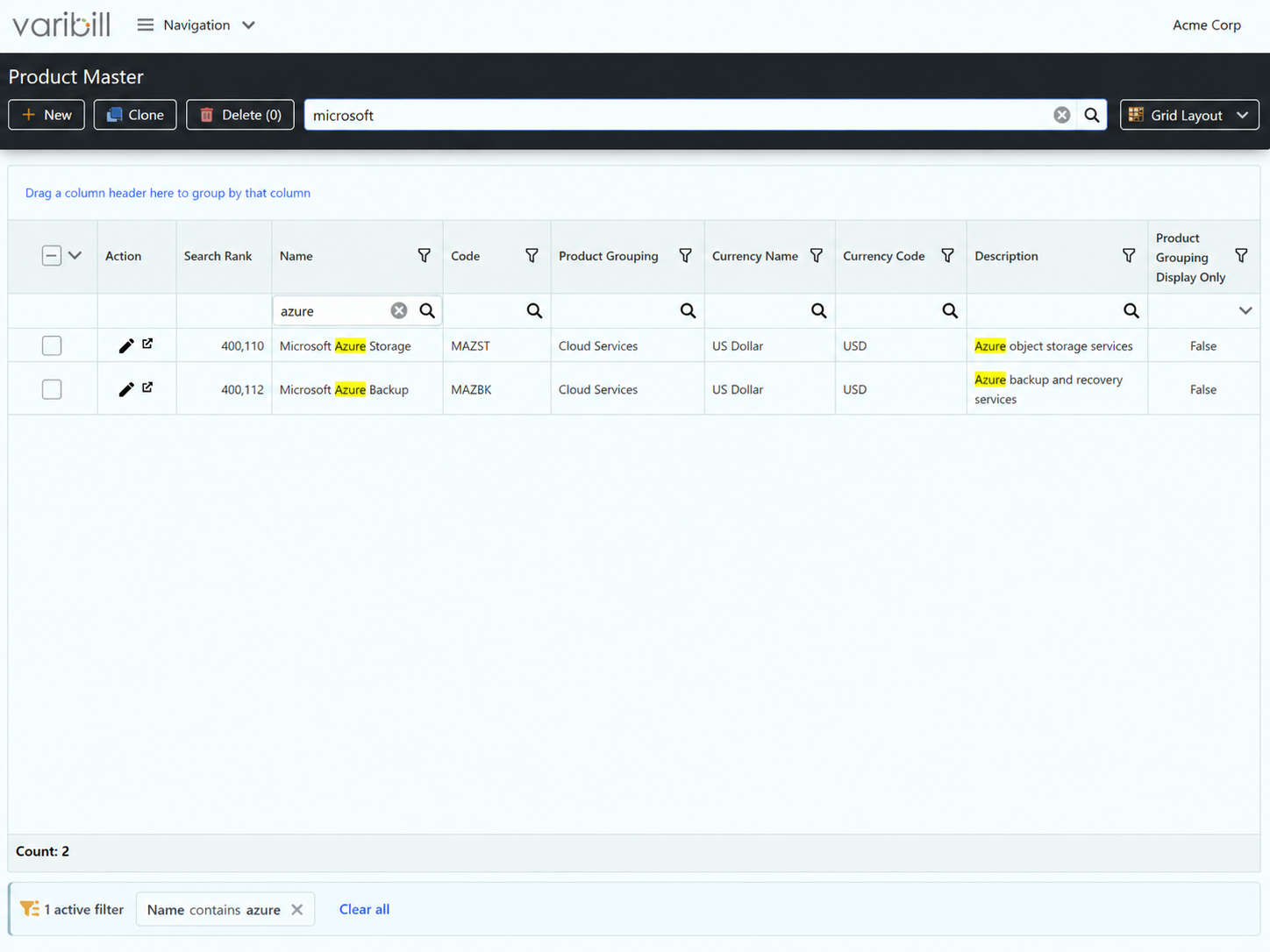 Search results narrowed with a column filter
