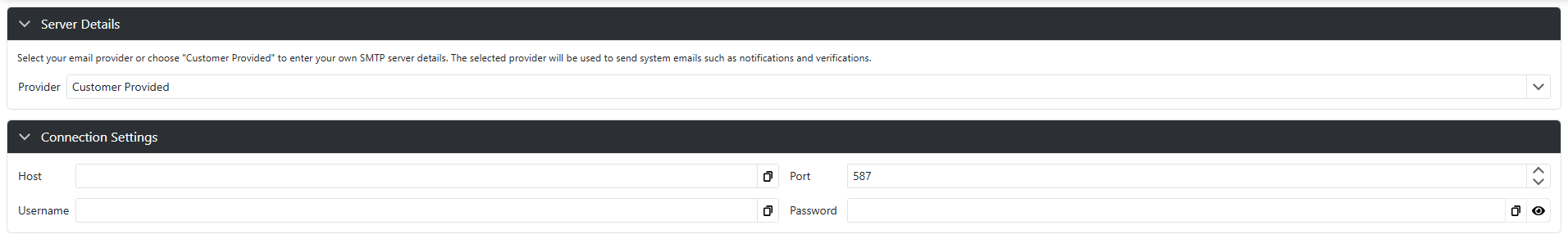Customer-provided connection settings