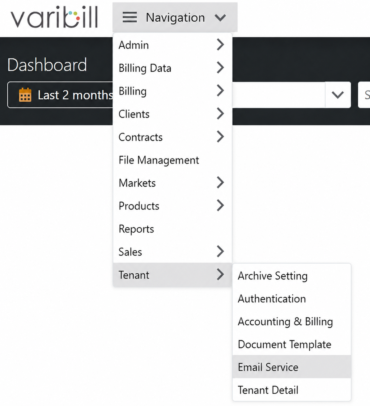 Tenant menu showing Email Service