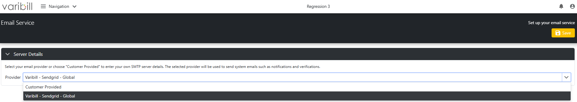 Email Service page with Varibill-managed SendGrid provider selected