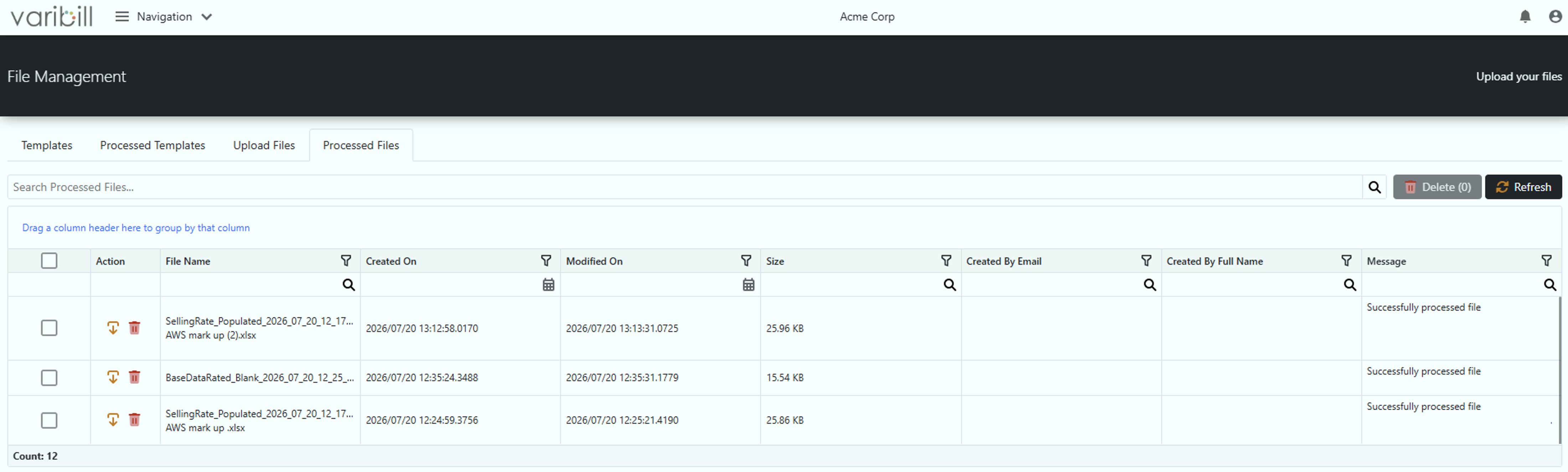 Processed Files tab showing processing results